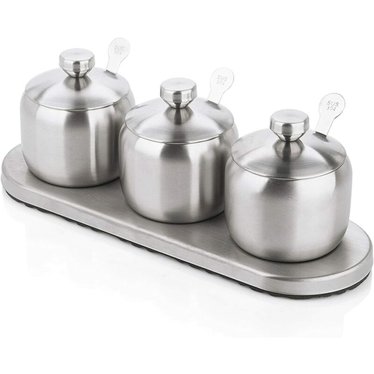 18/8 Stainless Steel Condiment Container Set, Spice Jar Rack, Condiment Rack, Salt Bottle, Pepper, Sugar Storage with 3 Serving Spoons