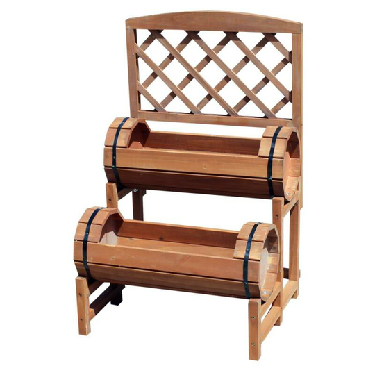 Stained Wooden Two Tiered Designed Barrel Decorative Garden Planter