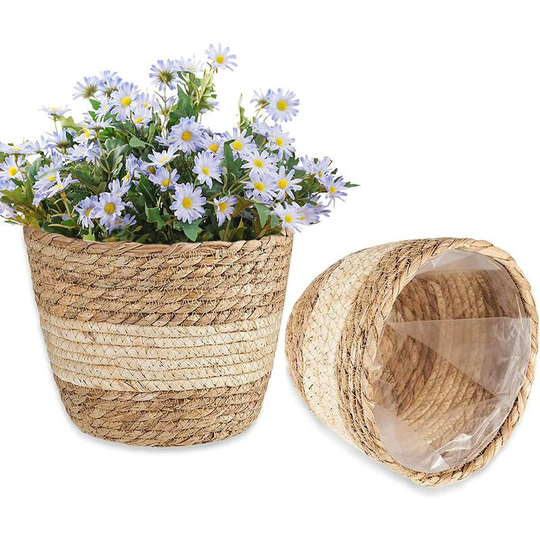 Litzee - Seagrass Basket Plant Baskets, Seagrass Basket, Woven Cotton Rope Plant Basket, Hand Woven Flower Basket, Flower Basket, Foldable Seagrass
