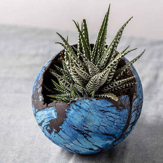Medium Blue & Black Ceramic Planter | Egg Shaped Vase For Succulent Decorative Pot