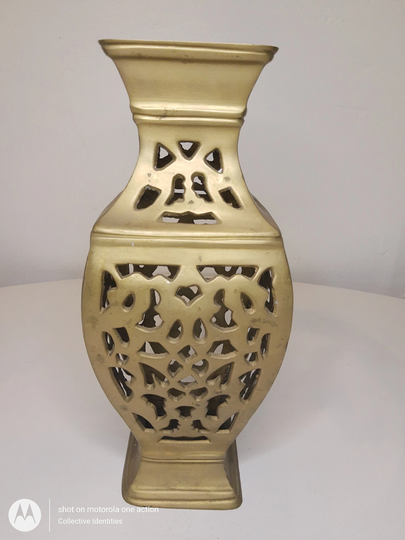 Unique Brass Reticulated Cut Out Design Vase . 10" X 4