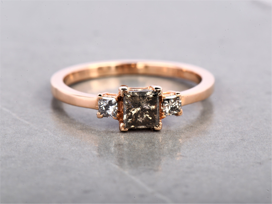 Salt & Pepper Diamond Ring Engagement 14K Princess Gold Ring, Square Art Deco Gift For Her