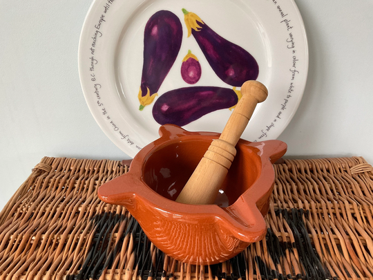 Vintage Traditional Pestle & Mortar, Glazed Terracotta, Wooden Pestle, Mediterranean Mortar