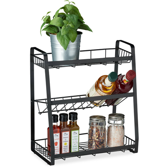 Metal Spice Rack, 3 Tiers, Standing Jar Holder, for Herbs, Kitchen Organiser, HxWxD: 38 x 35 x 18.5 cm, Black - Relaxdays