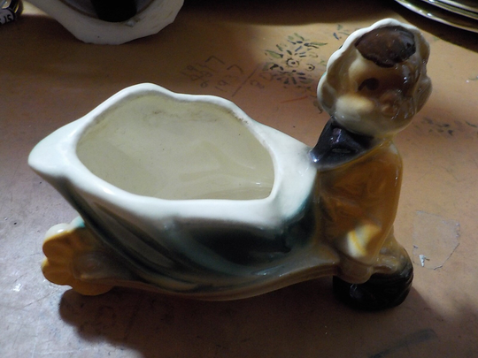 Vintage Boy Wheel Barrel Flower Planter Porcelain Pottery Free Usa Shipping