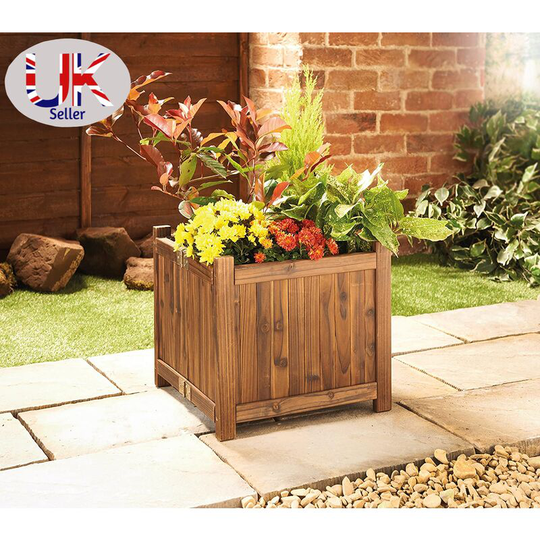 Square Wooden Garden Planters Outdoor Plant Flower Pot Display Box Burntwood - burntwood