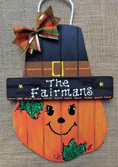 Personalize Pumpkin Thanksgiving Pilgrim Hat Sign Wall Door Plaque Holiday Seasonal Hanger Wreath Embellishment Handcrafted Hand Painted