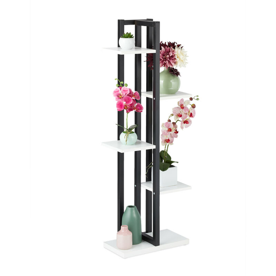 Relaxdays - Metal Flower Stand, 5-Tier Indoor Pot Shelf Ladder, Wooden Look, HxWxD: 117 x 43 x 22 cm, Plant Rack, White