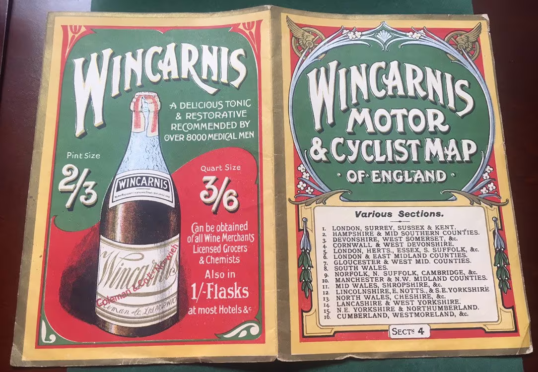 Vintage Wincarnis Motor & Cyclist Map | Cornwall & West Devonshire Version Advertising