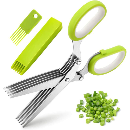 Einemgeld - Kitchen Herb Scissors, Stainless Steel Three Piece Kitchen Herb Scissors, 5 Blade Multi-Purpose Herb Scissors Cover with Cleaning Comb