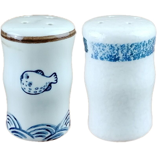 Kitchen seasoning jar salt chili powder jar ceramic with hole pepper chicken powder bottle sprinkler (Blowfish) + (Blue Circle)