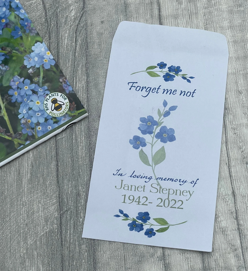 Personalised in Loving Memory Seed Packets, Remembrance Funeral Favours, Forget Me Not Packs
