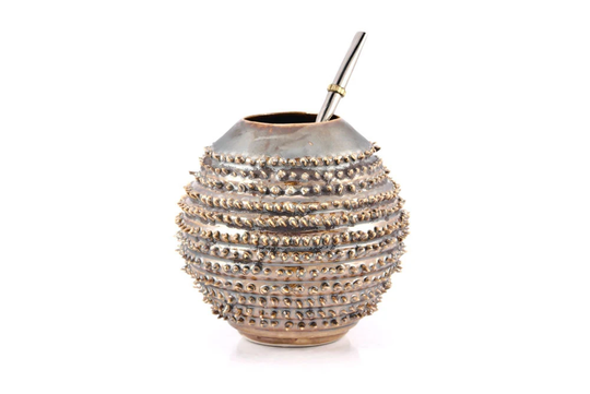 Yerba Mate Mug With Spikes, Dark Metallic Ceramic Gourd, Cup