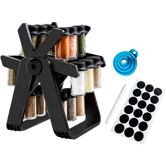 18PCS Jar Spice Rack 360¡ãRotating Ferris Wheel Spice Rack Seasoning Organizer Seasoning Rack Tower With Label Paper Pen Folding Funnel - with paper