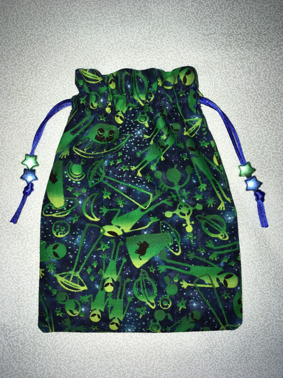 Tarot Card Bag, Blue & Green Aliens Ufos Uaf Fabric/Royal Satin Lining, Crystal Pouch, Drawstring Jewelry Bag