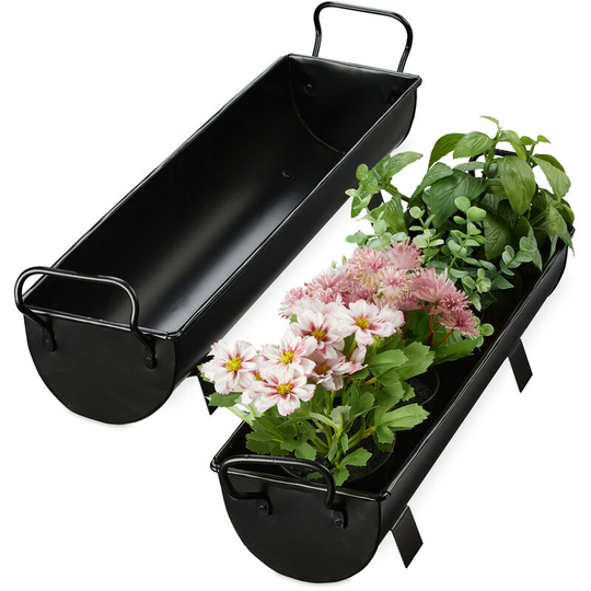 Window Box Gutter, Planter Garden & indoors, Set Of 2 Metal Tubs For Plants, Zinc Look, Black - Relaxdays
