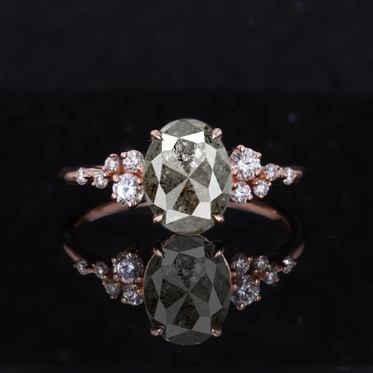 Oval Salt & Pepper Diamond Engagement Ring | Art Deco in 9K/14K/18K Solid Rose, Yellow Or White Gold For Women