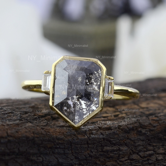 Shield Salt & Pepper Diamond Ring Black Rusting Engagement Jewelry 14K Sold Gold Certified
