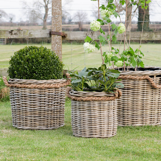 Round Rattan Lined Planter With Rope Handle