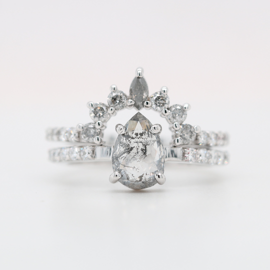 Natural Pear Salt & Pepper Prong Set Gold Engagement Diamond Ring