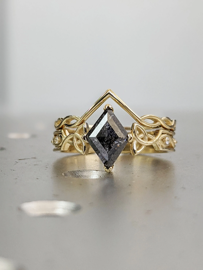 Unique Kite Diamond Vintage Celtic Engagement Ring Bridal Set, Salt & Pepper Shaped Twisted Set