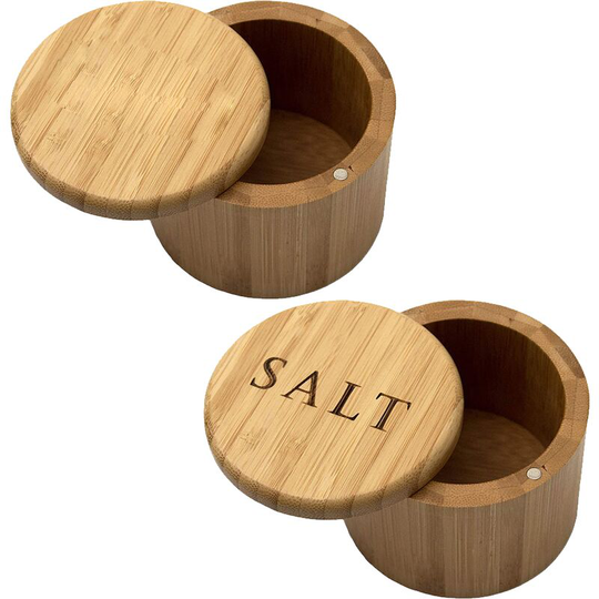 Bamboo Salt Box, Salt Container With Lid, Salt Shaker, Bowl with Magnetic Swivel Lid (2 pcs) Seasoning Jar + Letters