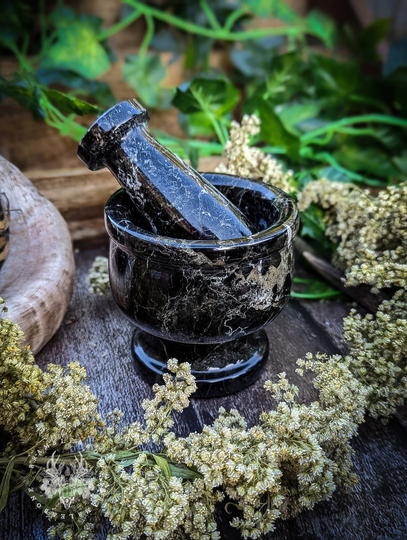 Black Marble Mortar & Pestle | Witchcraft Altar Tool For Green Witches, Pagans, Wiccans & Cunningfolk Herb Magick Plant Magic