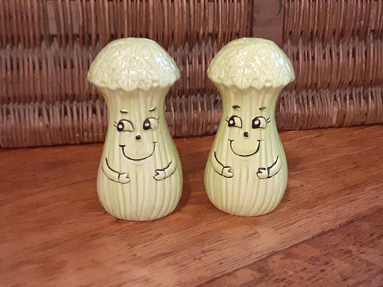 Vintage Japan Green Celery Friends Ceramic Salt & Pepper Shakers