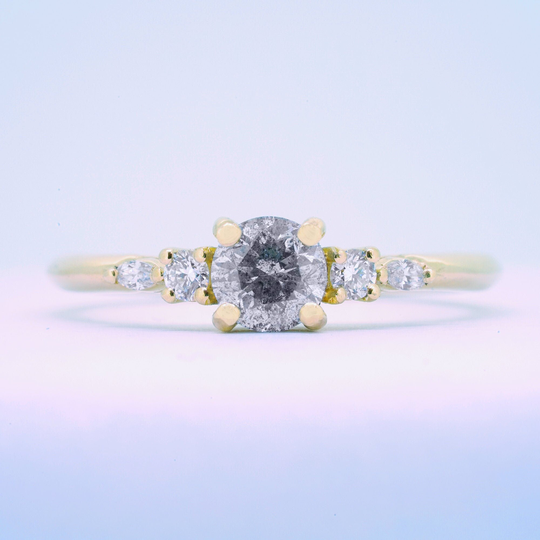Salt & Pepper Diamond Engagement 5 Stone Ring in Rose/White/Yellow Gold Handmade For Her