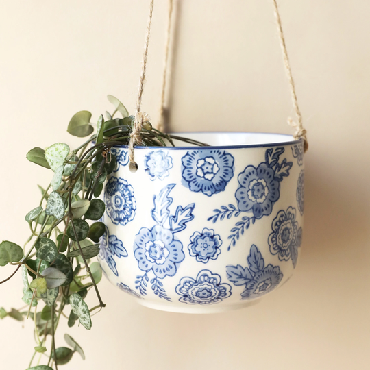 Sass & Belle Blue Willow Hanging Planter Boho Homeware, Floral Plant Holder, Pot, Indoor Lisa Angel