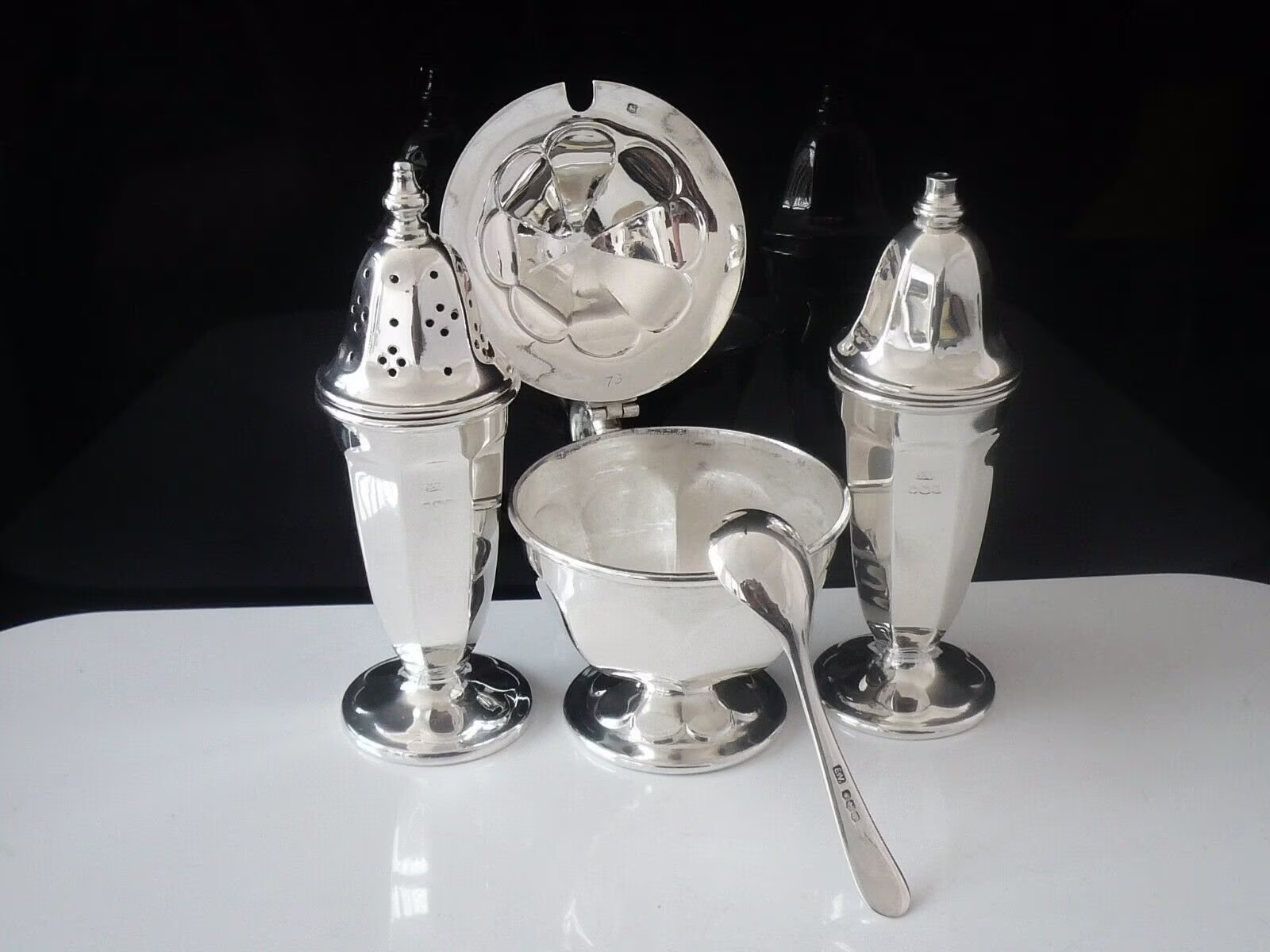 Silver Condiment Set, Sterling, Emile Viner, English, Mustard Pot, Spoon, Salt, Pepper, Shakers, Hallmarked Sheffield 1966, Ref568G