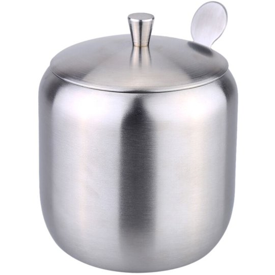 Stainless Steel Drum Shaped Cruet Seasoning Pot Sugar Coffee Can Container with Spoon Kitchen Tool,model:silver