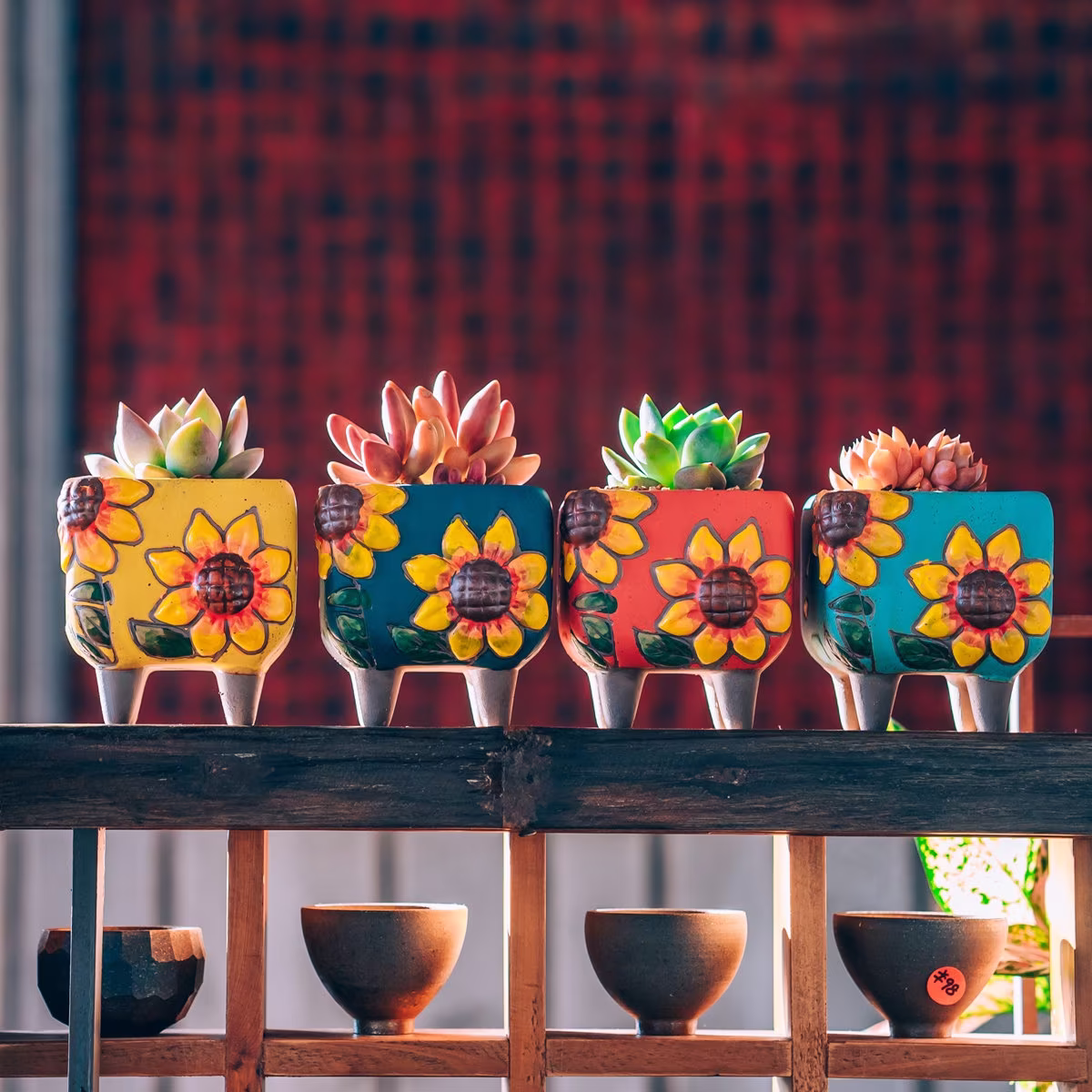 Floral Hand Crafted Succulent & Cactus Clay Planter Pots With Colorful Designs Drainage Hole