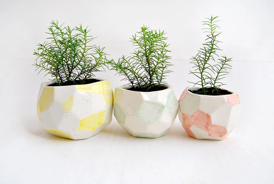 Three Faceted Ceramic Planters Decorated in Green Red & Yellow. Geometric Flower Pot. Ready To Ship