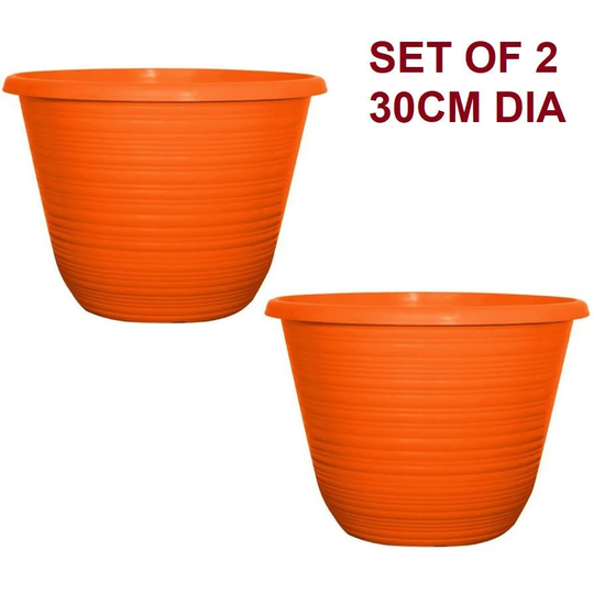 Set Of 2 Bright Orange Plastic Plant Pot 30cm Round Tub 9.5L Garden Planter