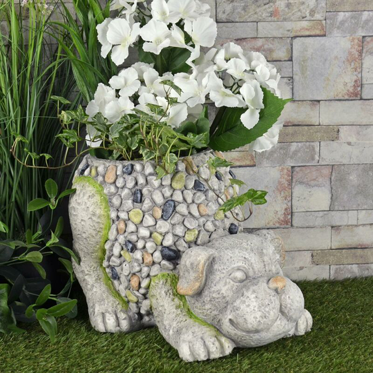 Grey Crouching Dog Patio Garden Planter Flower Pot Puppy Mosaic Outdoor 33cm - Grey