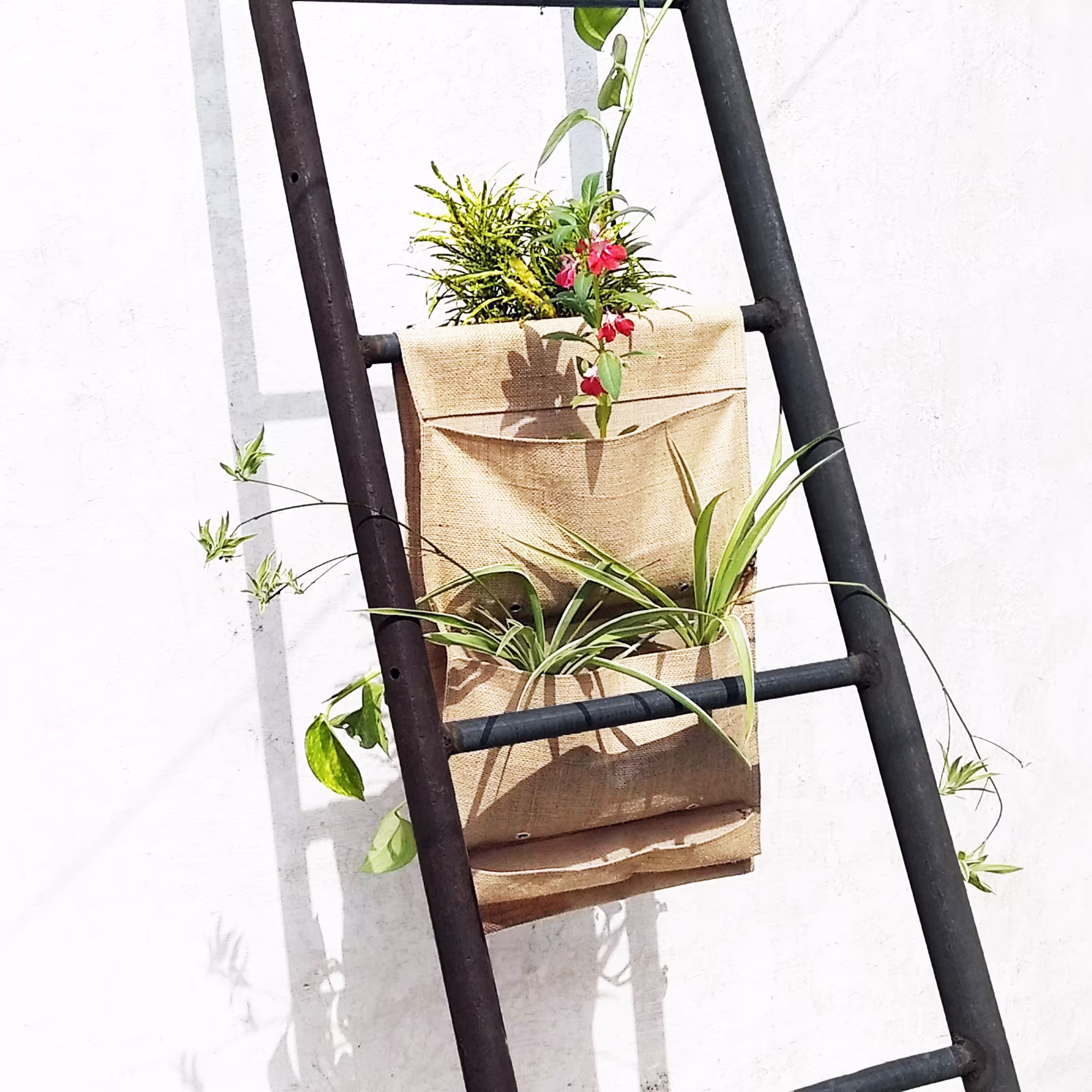Vertical Garden Jute Pocket Planter, Space Saving, 4 Or 2 Saddle Bag, Outdoor Indoor, Water Tight With Drainage Holes & Drip Trays