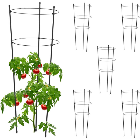 Relaxdays Climbing Aid Set of 6, Metal & Plastic, 76 cm, 3 Adjustable Rings, Trellis Frame Vines Garden Plants, Black