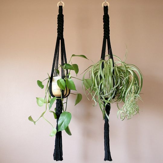 Chunky Black Macrame Plant Hangers. Handmade Using Cotton Cord. Modern Style Home Furnishings. Plantlovers Gift. Sustainable Home Decor
