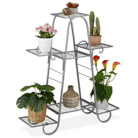 Relaxdays - Plant Stand Metal, for 7 Potted Plants, Flower Rack Indoor, Vintage Design, 83 x 75 x 24 cm, Tiered, Silver