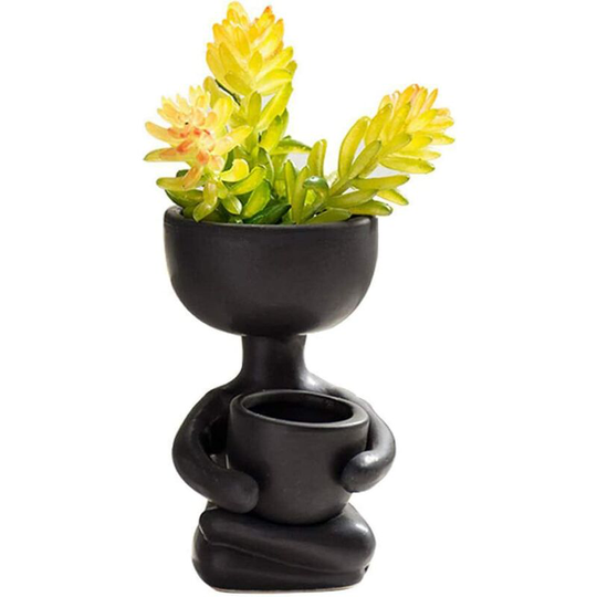 Aougo - Humanoid Ceramic Flower Pot Creative Craft Decoration Succulent Pot Flower Arrangement Vase Birthday Gift (Black)