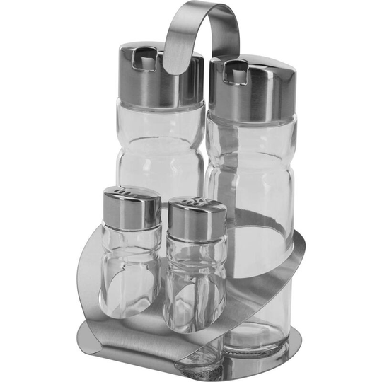 Deckon - Westmark Menage Salt, Pepper, Vinegar and Oil, 5 Pieces, Capacity: 2x 40 ml/ 2x 160 ml, Stainless Steel/Glass, Wien, Silver/Transparent