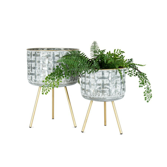Distressed White 3 Leg Metal Pot Planters - Set Of 2 | Floor Planter With Legs