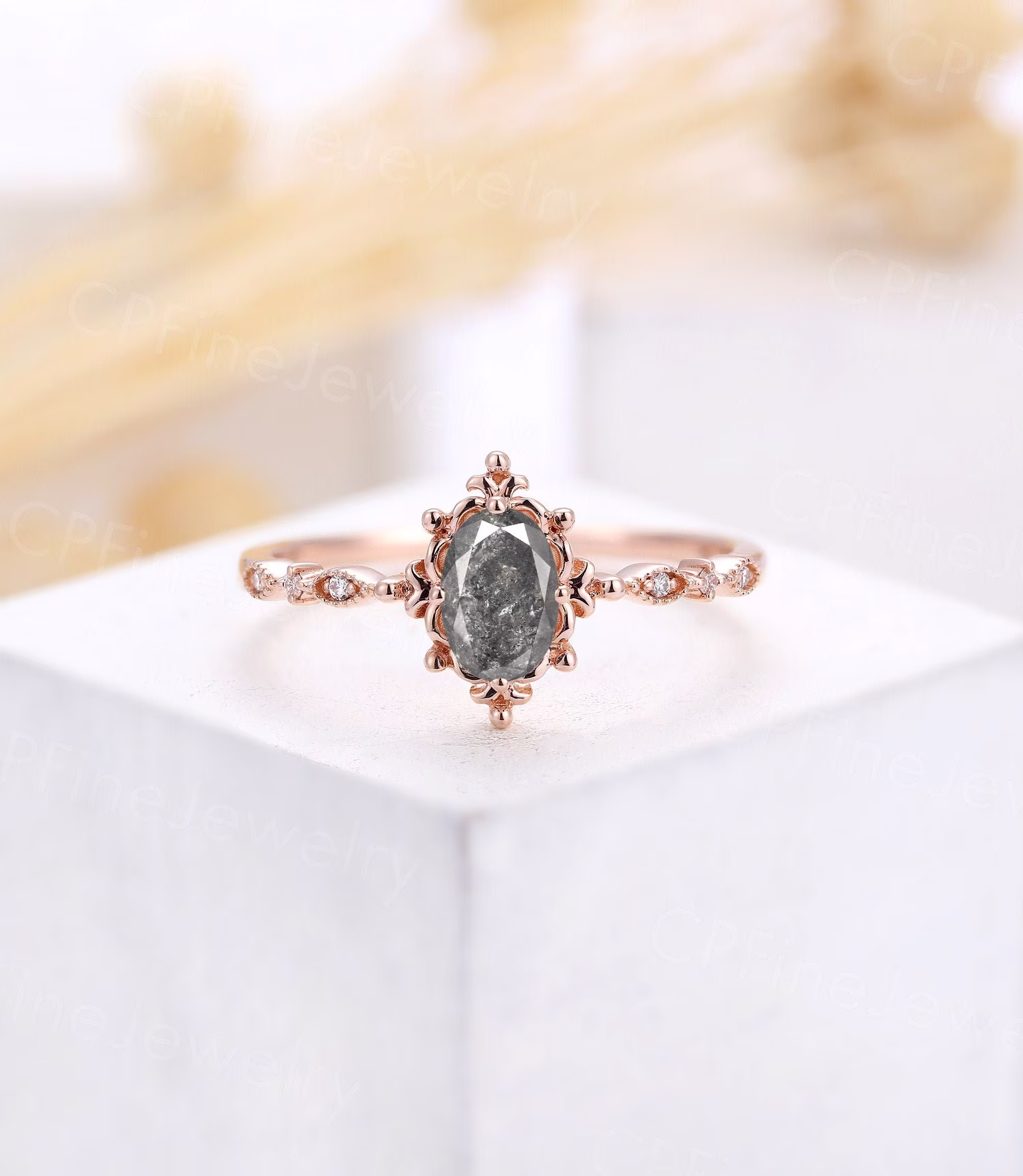 Salt & Pepper Engagement Ring Rose Gold Oval Cut Halo Diamond Half Eternity Milgrain Moissanite Unique Bridal Anniversary