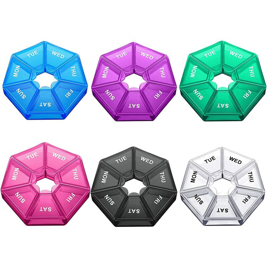 Perle Rare - 6 Small Pill Boxes Round Pill Box Small Pill Storage Box 7 Days Mini 7-Sided Pill Storage Box Pill Reminder Medicine Box (Bright Colors).