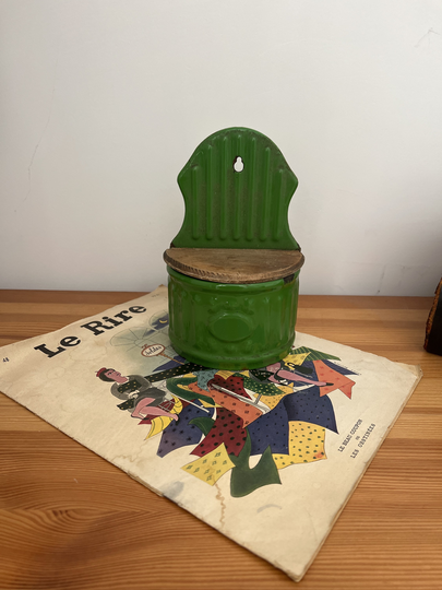 A Gorgeous Pea Green Original Vintage French Enamelled Metal Wall Mounted Salt Box With Hinged Wooden Lid