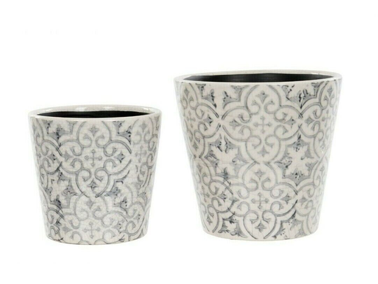 Round Ceramic Floral Planter in Grey | Glazed Clay Home & Garden Flower Pot Vase