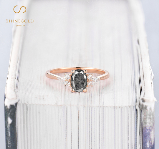 Unique Salt & Pepper Engagement Ring Rose Gold Oval Cut Vintage Bridal Marquise Art Deco Diamond/Moisaanite Anniversary