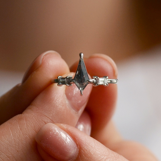 Kite Diamond Ring With Side Baguette Diamonds Salt & Pepper Engagement Three Stone Gold