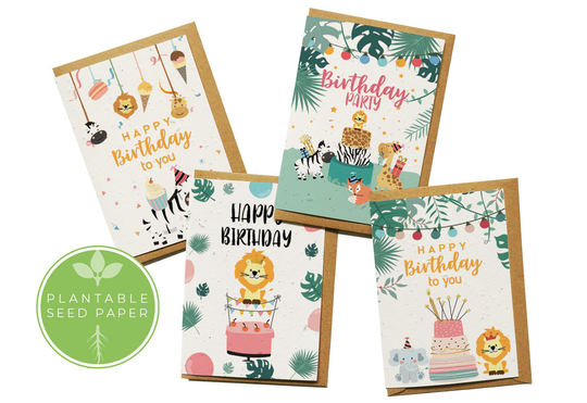 Plantable Flower Seed Paper Cards A6 | Pack Of 4 - Jungle Animals Birthday, Greeting, Gift, Congratulations, Eco-Friendly, Biodegradable